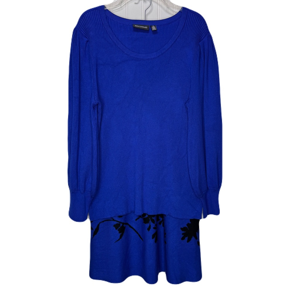 Nina Leonard Sweater Skirt Set 2 piece Womens 1X Blue Knit Balloon Sleeve Career